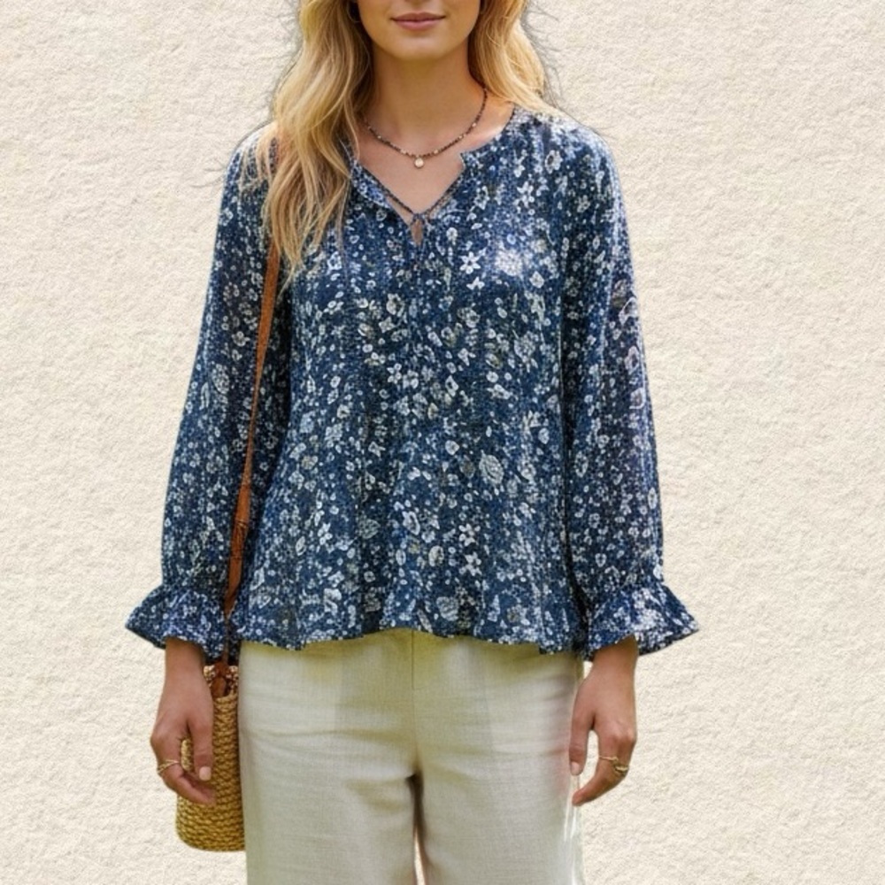 DG2 Diane Gilman Floral Boho Blouse - Navy Blue & White - Size M